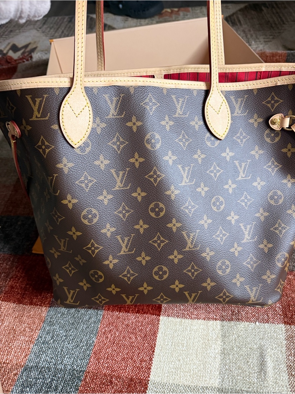 Louis Vuitton Monogram Canvas Tote with Natural Trim and Red Interior